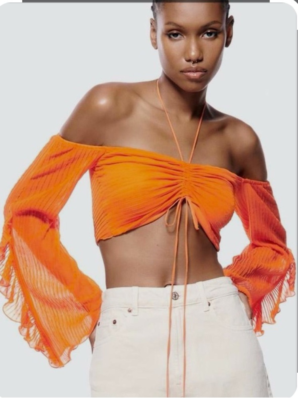 Zara Orange Textured Off-Shoulder Top - Picture 4 of 9